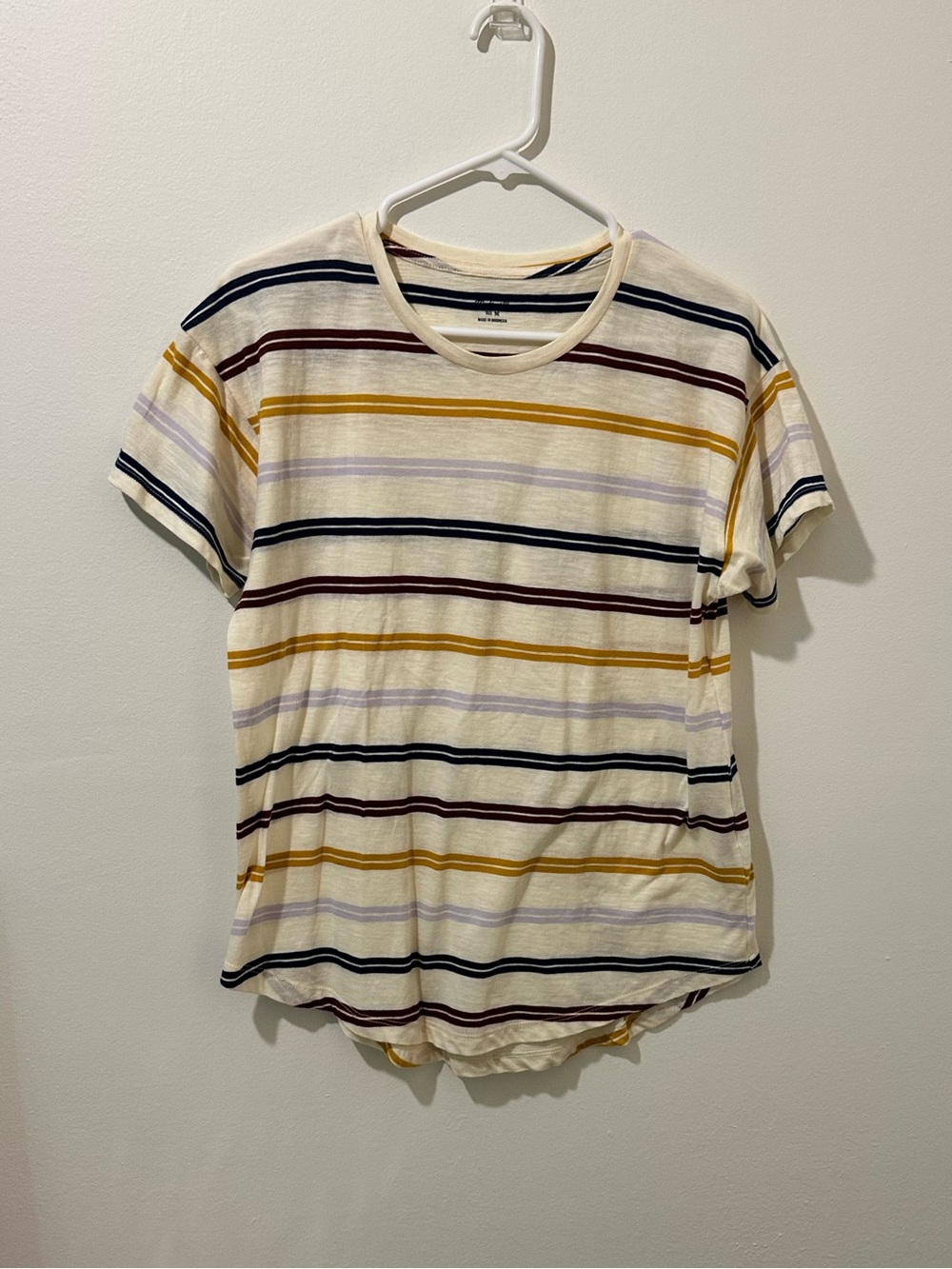 Madewell Cream Tee with Yellow, Navy & Burgundy Stripes